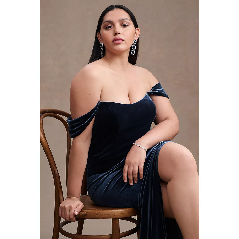 BHLDN Jenny Yoo French Blue Issa Velvet Off Shoulder Gown 20 NEW